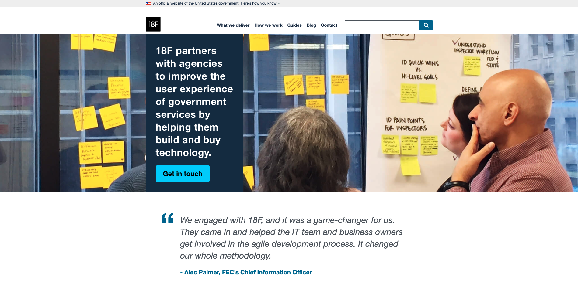 Screenshot of the 18F site with a hero image showing folks at work