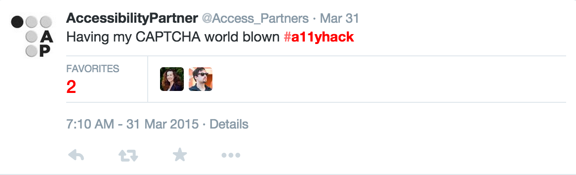 A tweet from Accessibility Partner: "Having my CAPTCHA mind blown #a11yhack"