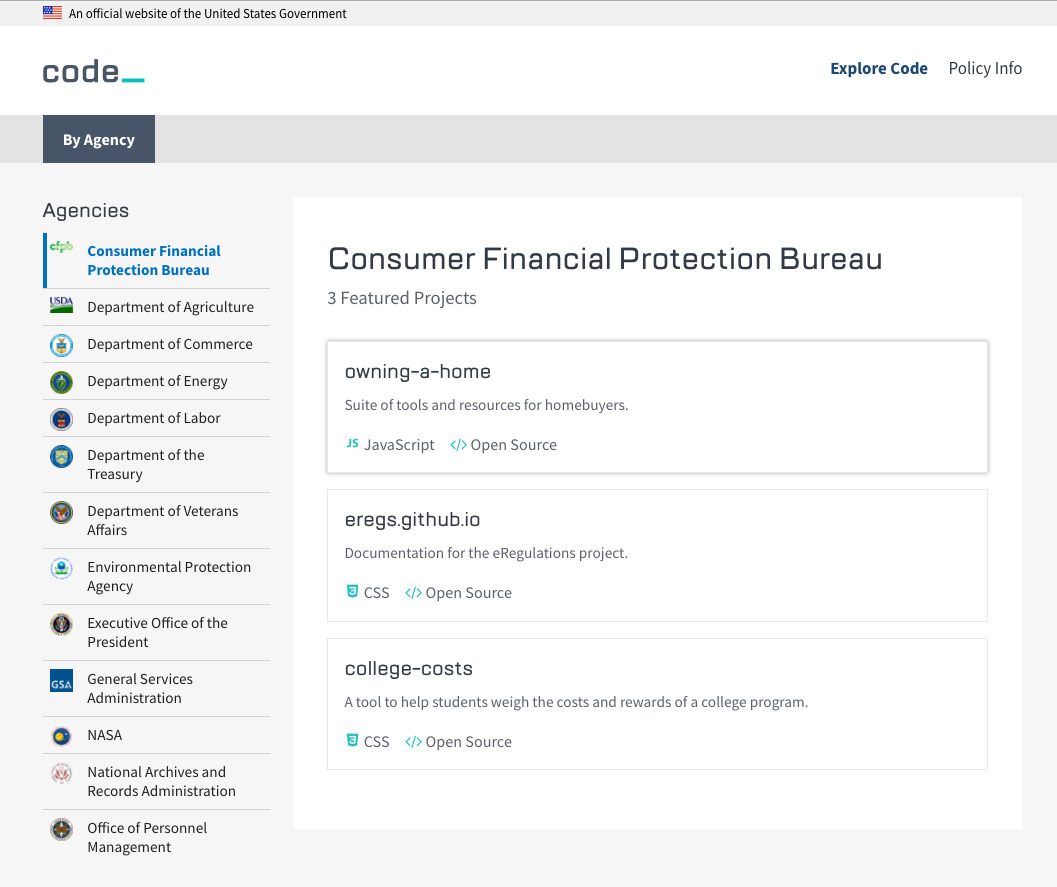 The code.gov homepage showing CFPB's open source resources