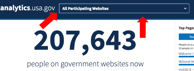 The analytics.usa.gov homepage pointing out the participating websites menu