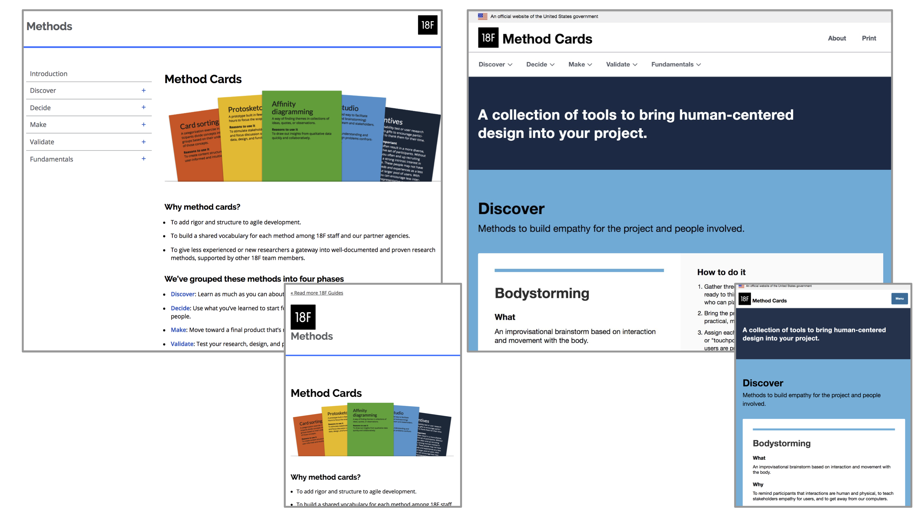 Two images side by side of the method cards website. The left image is the older version while the right is the newer version with blue background