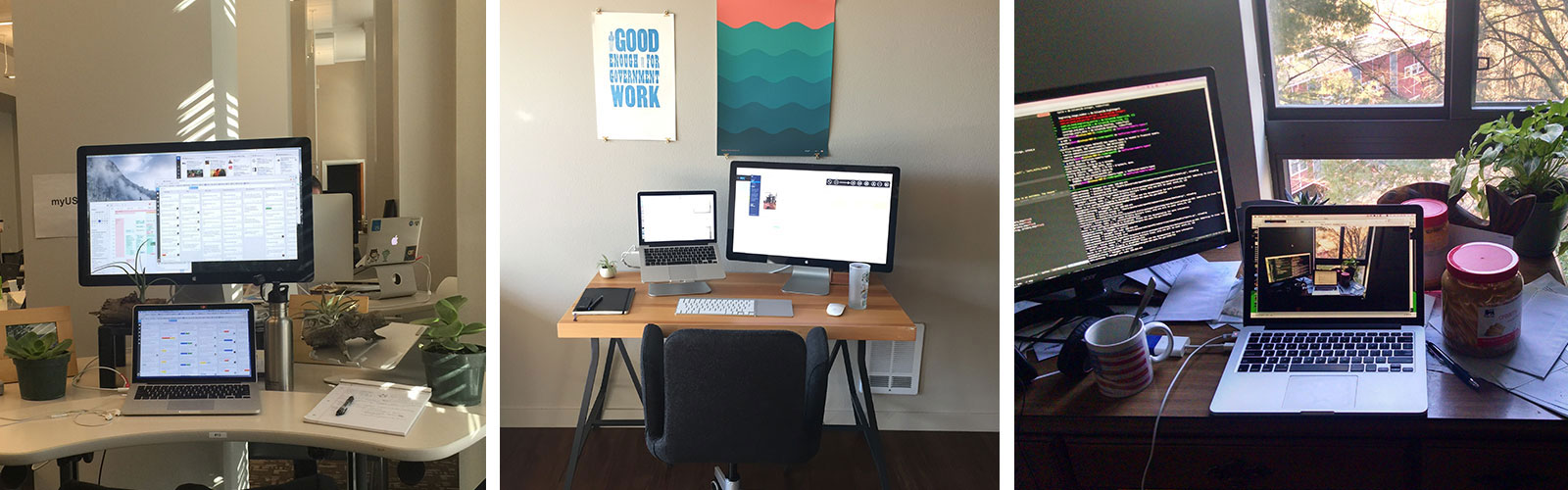 Three pictures of desks with varying workplace styles.