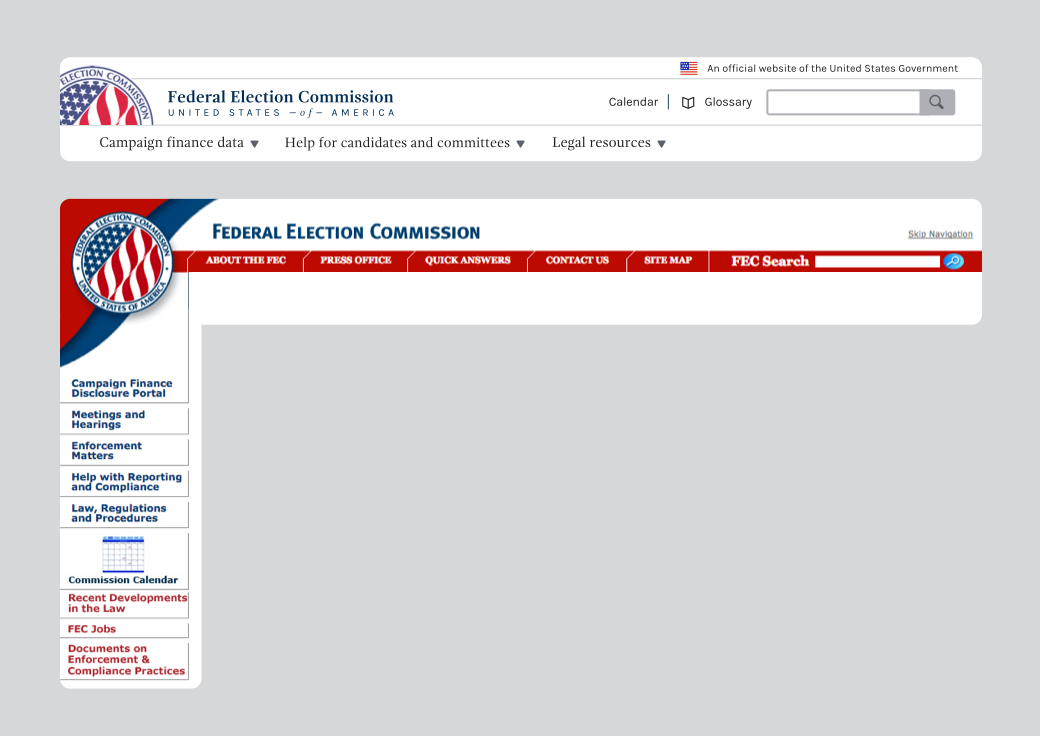 An image of the new and previous FEC website navigation systems