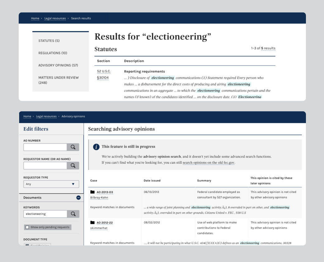 An image of the new combined legal search results and the new search interface for advisory opinions