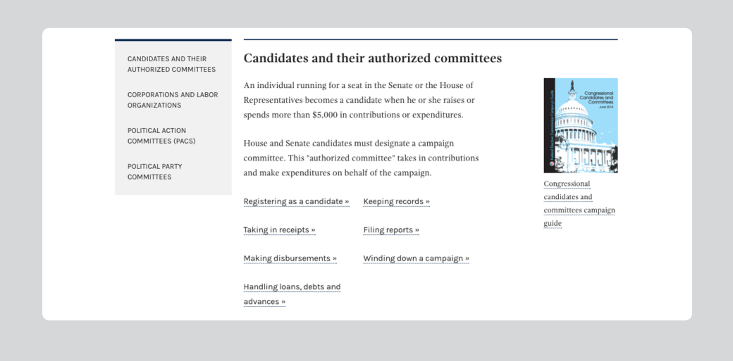 An image of the new content structure in the Help for candidate and committees section