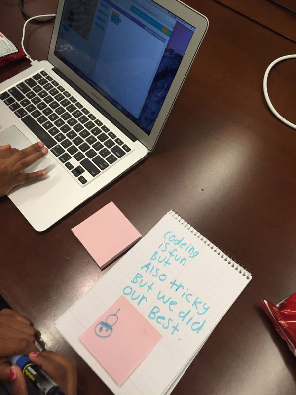 A hand-written note that says: Codeing is fun, but also tricky but we did our best