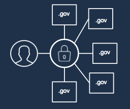 A conceptual diagram showing a user using a single token to authenticate with several .gov domains
