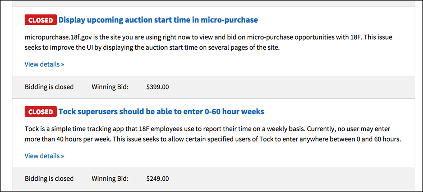A screenshot of two closed auctions