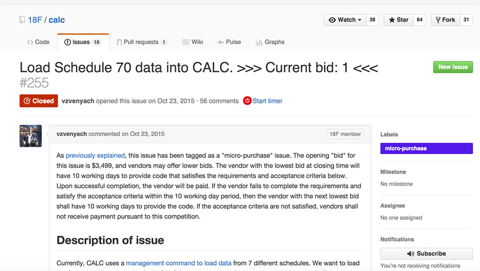 The first version of the micro-purchase experiment used a GitHub issue to track bids.
