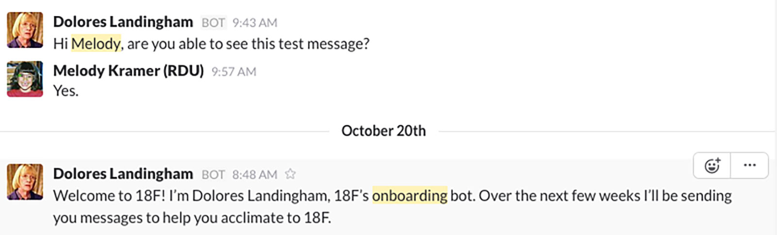 A test conversation with Mrs. Dolores Landingham, the onboarding chat bot.