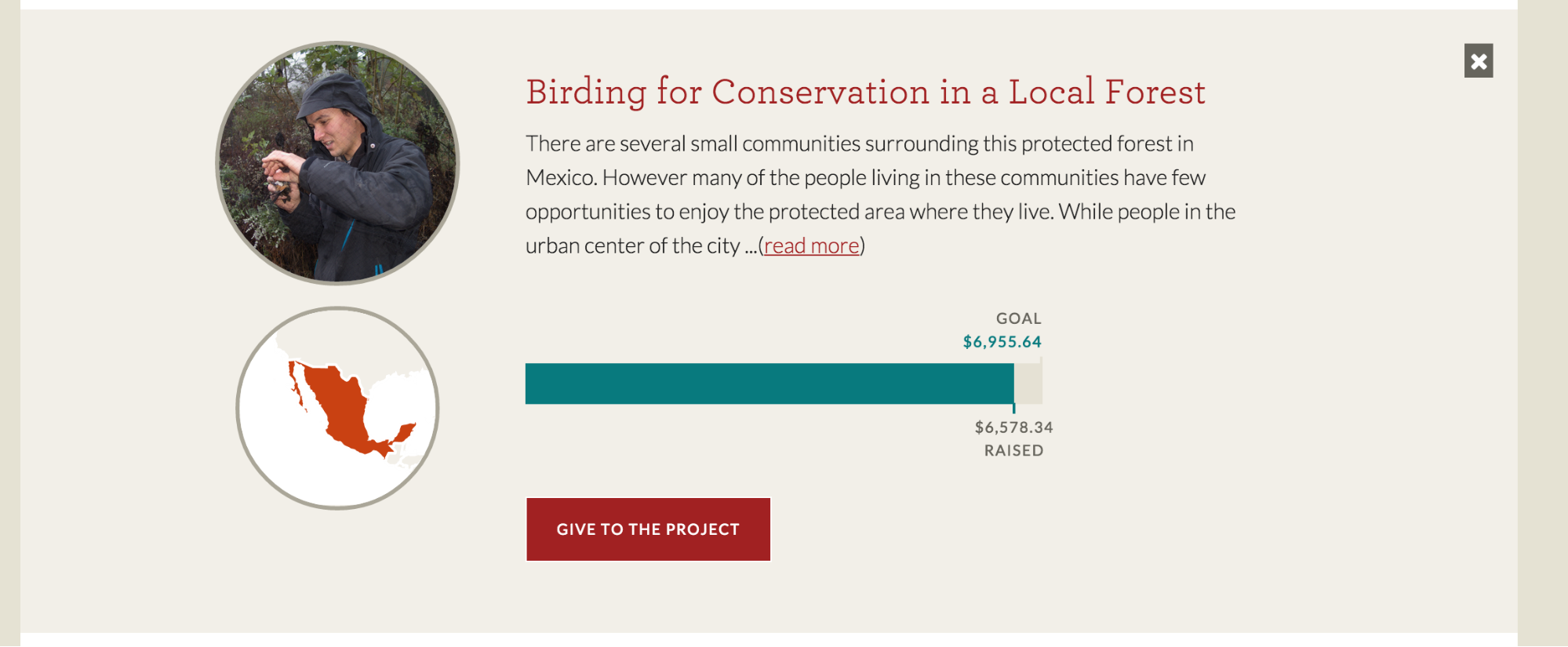screenshot of donation platform for Peace Corps birding for conservation project