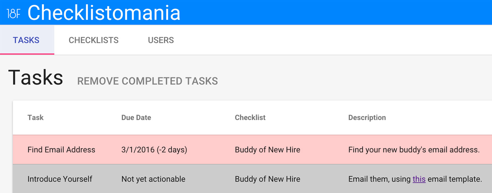 A screenshot of our Checklistomania tool showing two sample tasks