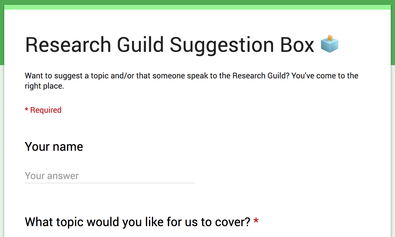 Screenshot of the Research Guild suggestion box form