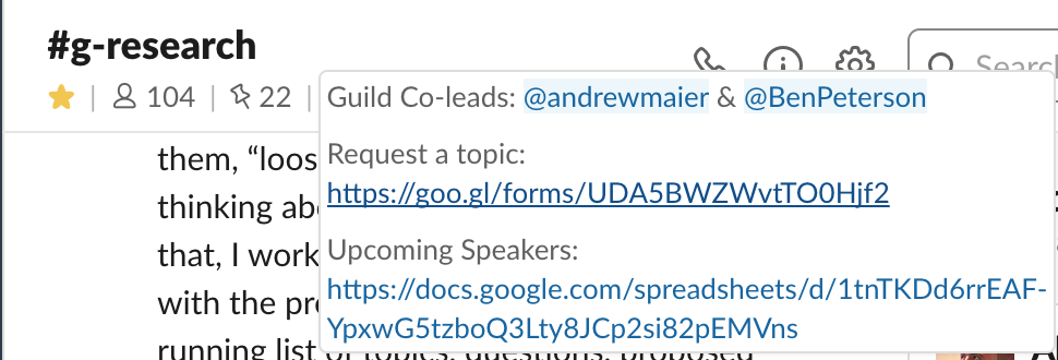 Screenshot of the about section in the guild's slack channel with links to request topics and to see a list of upcoming speakers