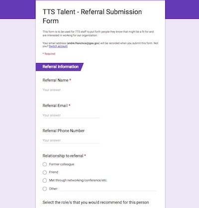 Screenshot of the TTS Referral Submission Form showing questions
  about a referral candidate.