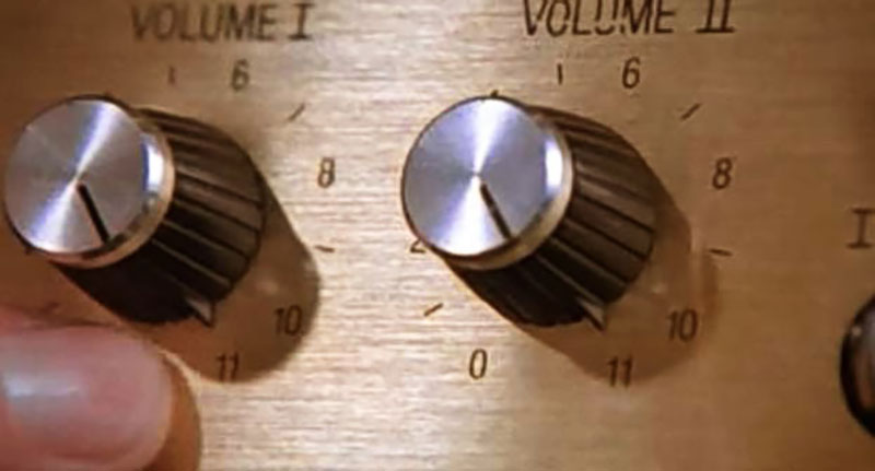 A screenshot from the movie Spinal Tap showing a guitar amp dial that goes up to 11