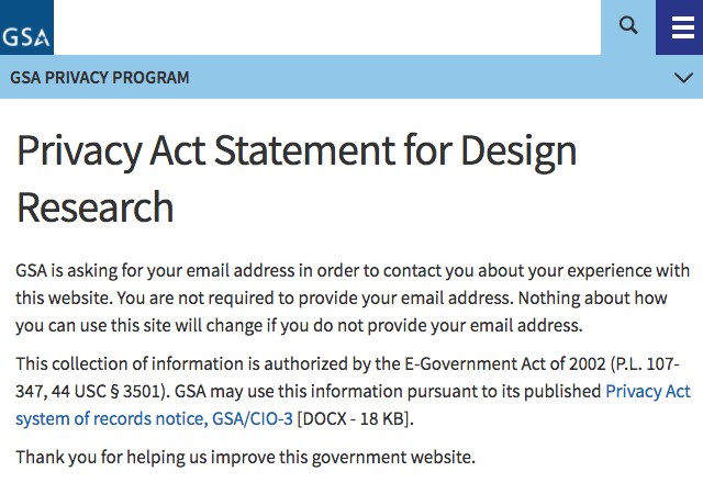 A screenshot of GSA’s Privacy Act Statement for Design Research