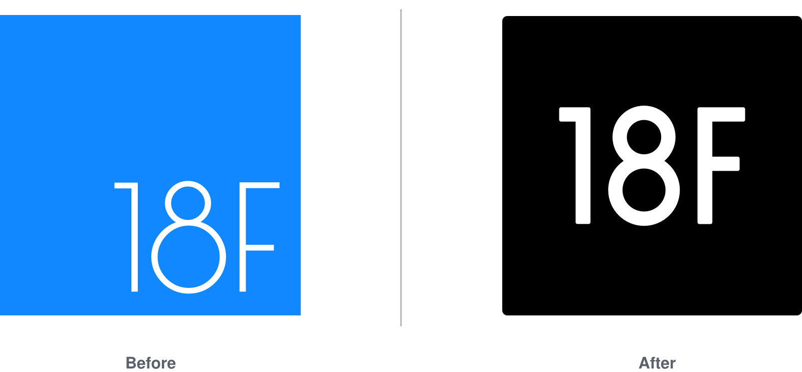 The old blue 18F logo and the new black 18F logo