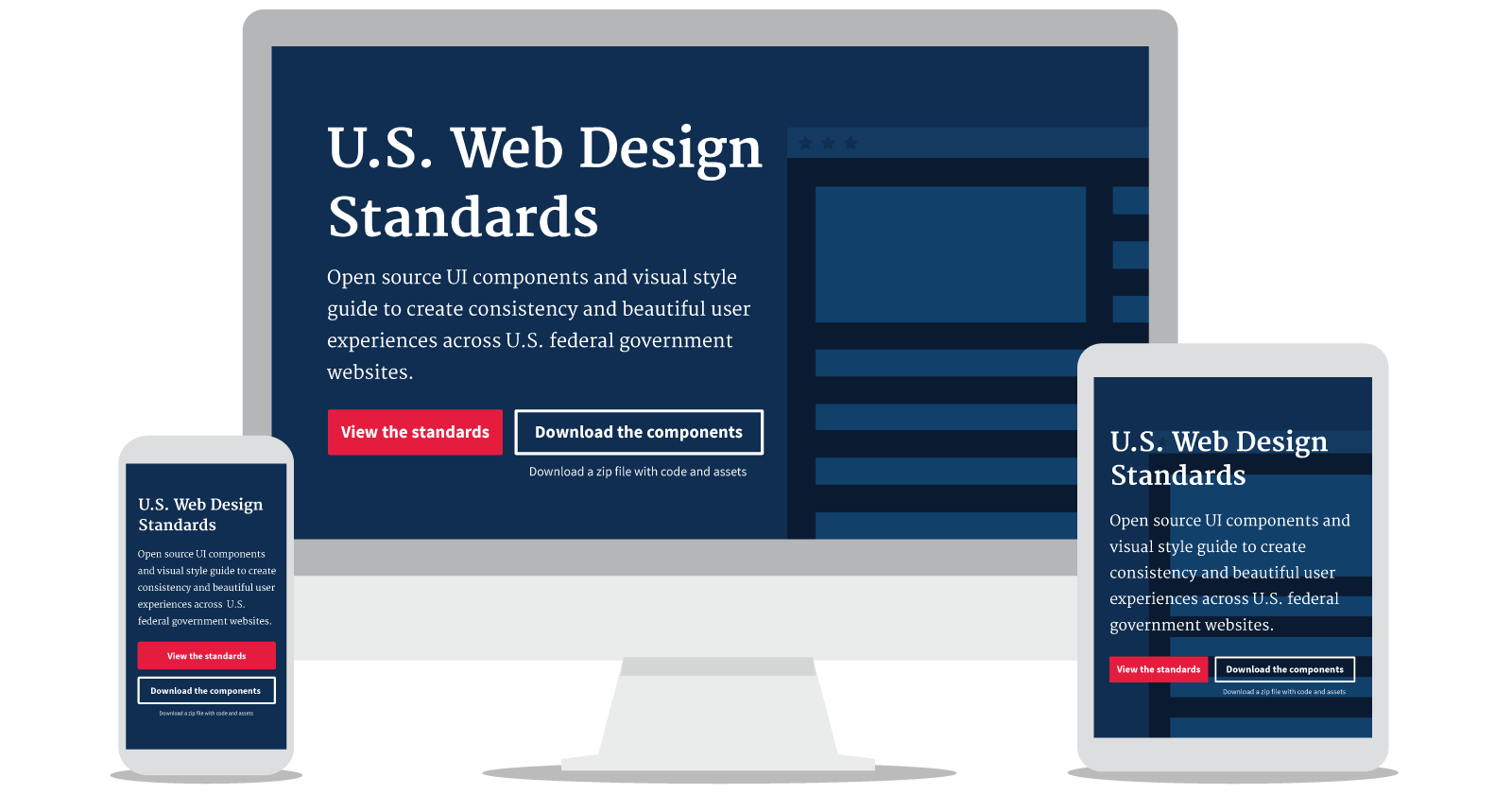 A screenshot of the U.S. Web Design Standards on a desktop, tablet,
and mobile device.