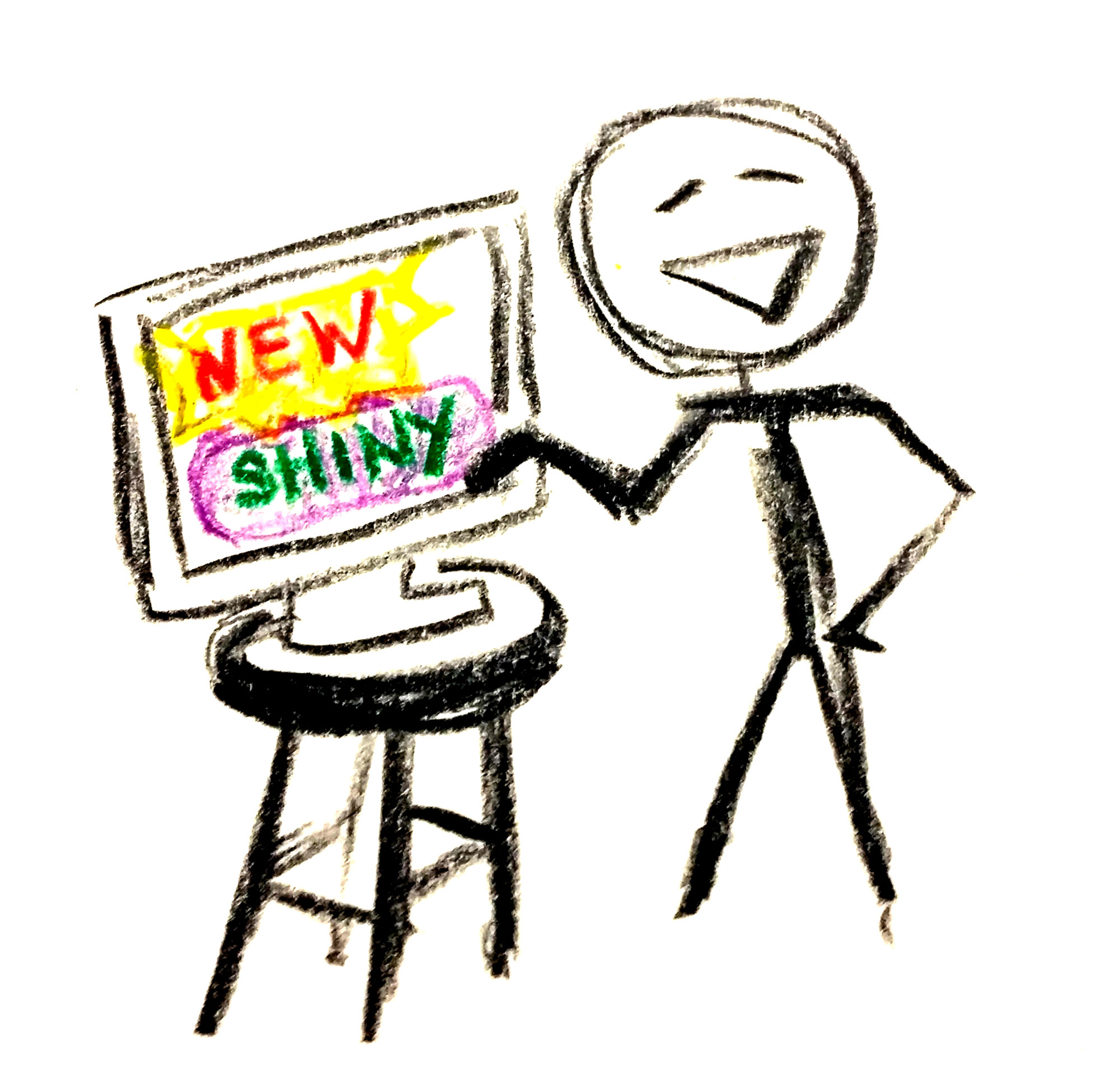 Stick figure posing next to a monitor that says new and shiny.