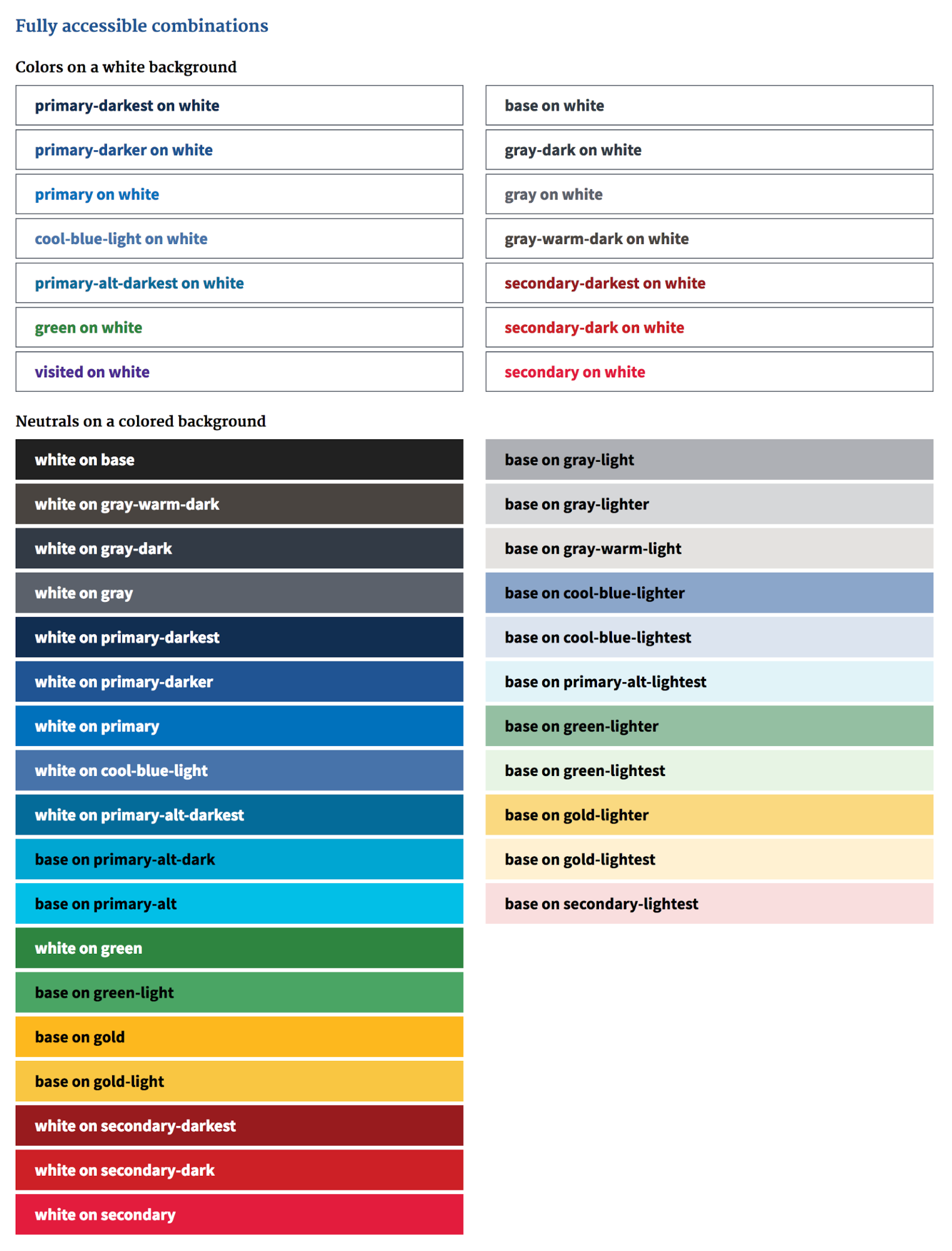 A list of background and text colors that are 508 compliant. The list starts with colors on white backgrounds and the second section are neutrals on colored background