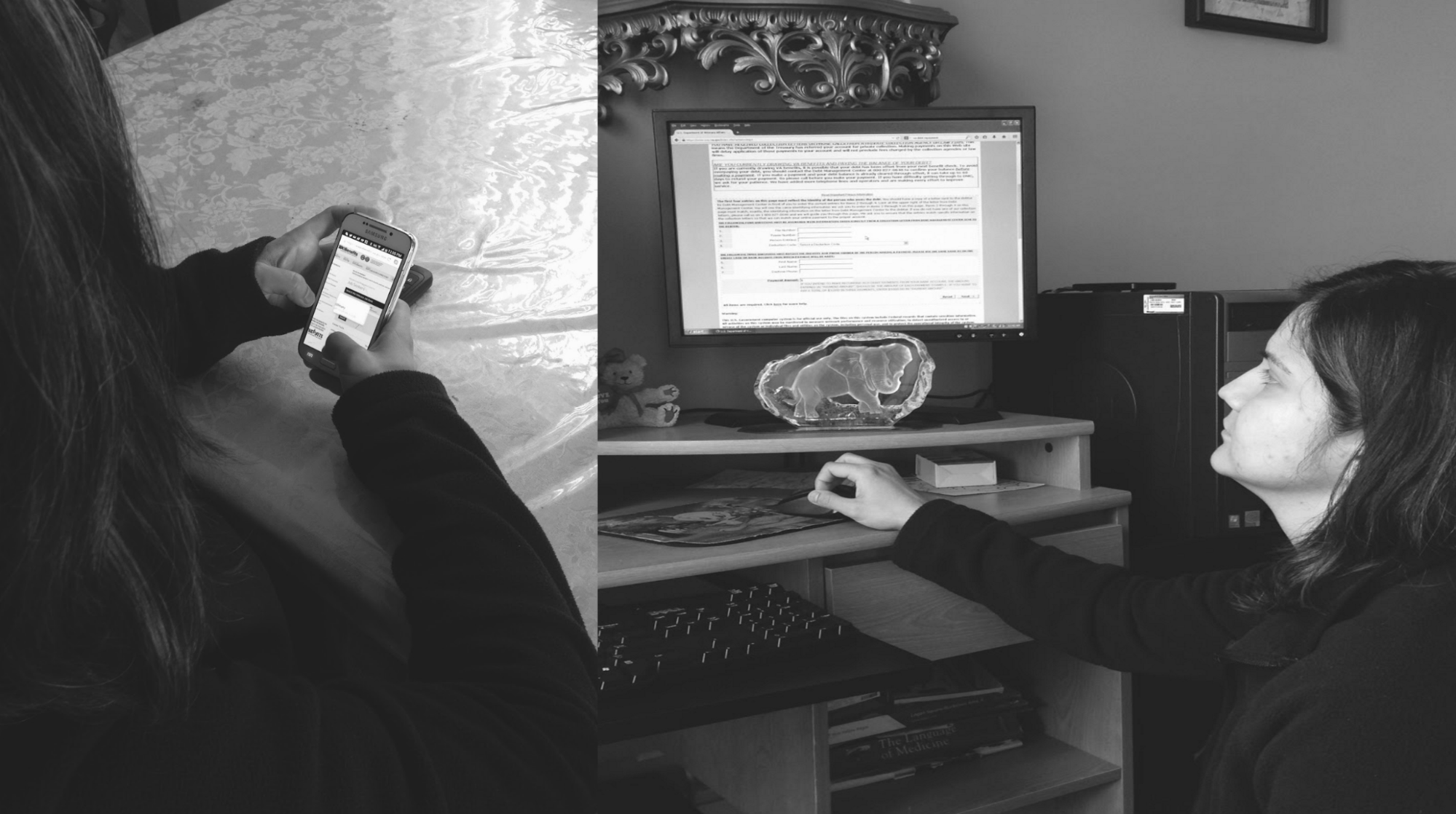 Split images in black and white image of a veteran. Left image is of a woman holding a phone navigating a phone app. Right image of same woman navigating a website on a desktop computer