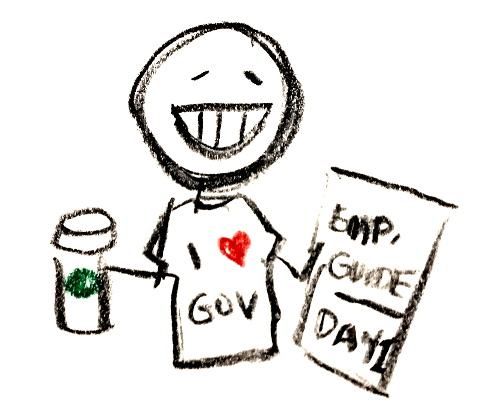 Stick figure of a person with an I heart gov shirt and a coffee cup.