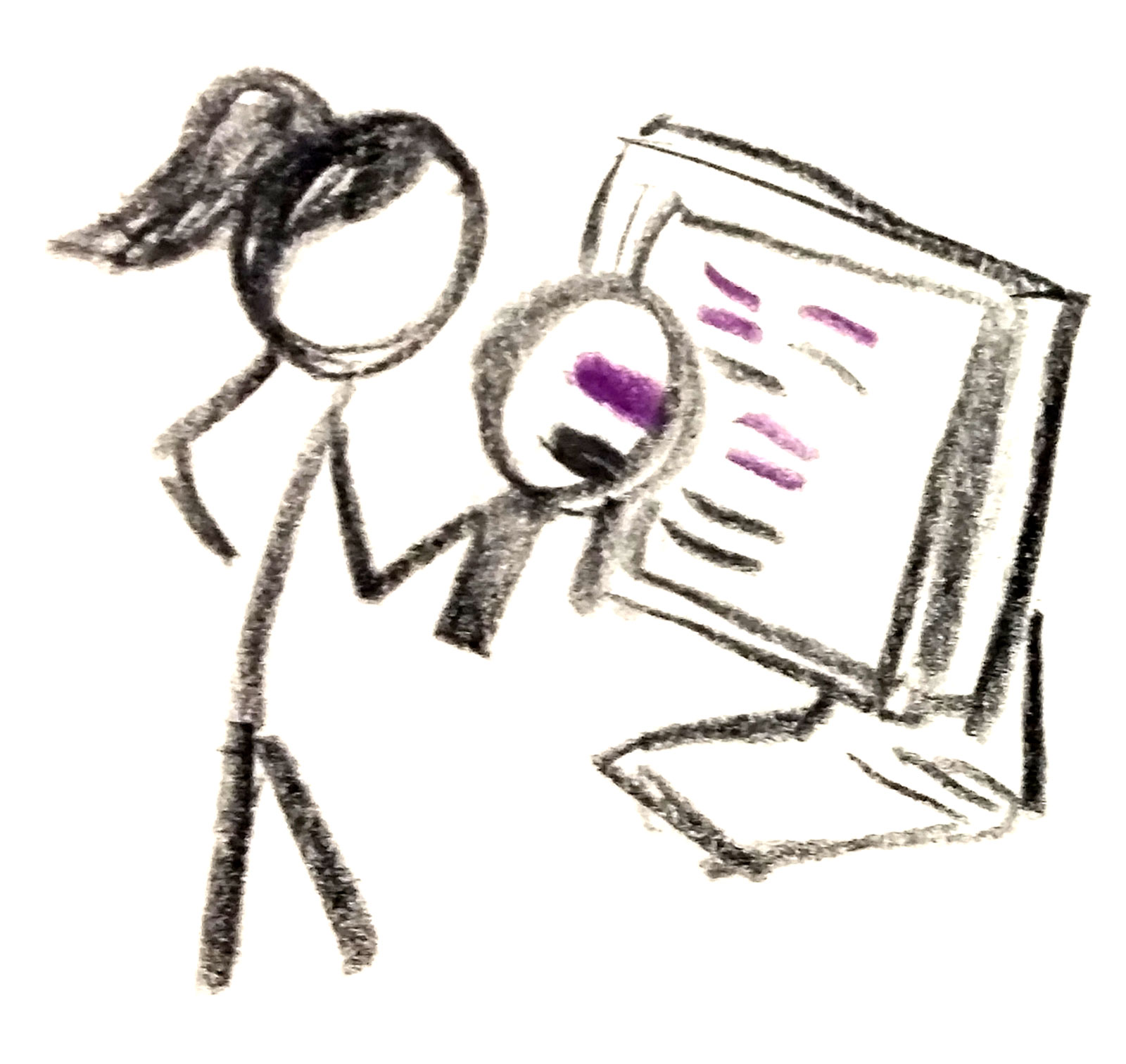 Stick figure looking at a website with a magnifying glass.