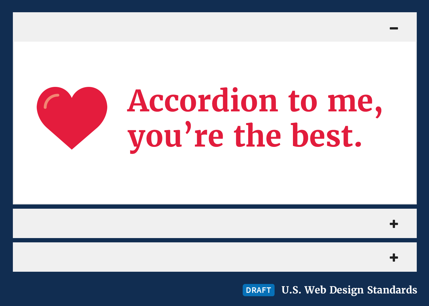 The draft web standards accordion with a valentines message exposed.