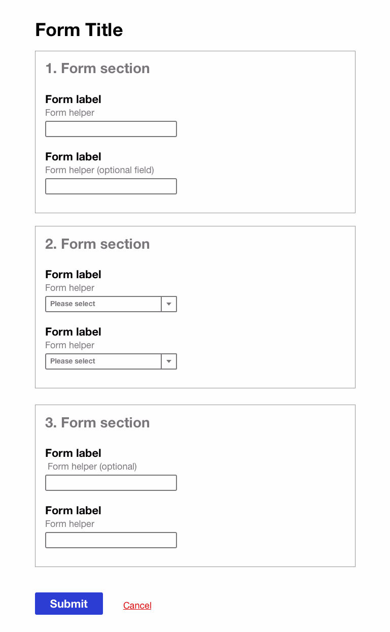 An example of a form. Three sections all numbered from one to three. Each section has two text forms. At the bottom is a blue submit button and a cancel hyperlink that is red