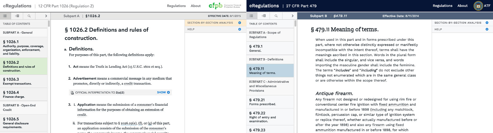 A comparison of CFPB's eRegs and ATF's eRegs
