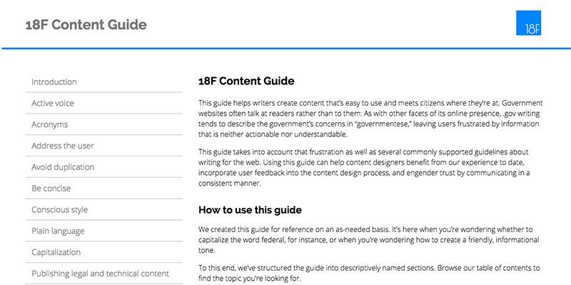 Screenshot of the 18F Content Guide