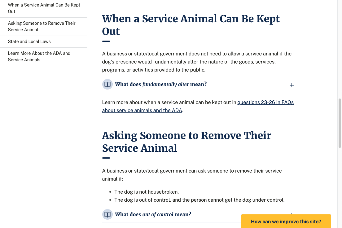 Screenshot from revised service animals page that shows a heading with a plus sign that can be expanded to get more detail. The heading is phrased as a question, What does fundamentally alter mean? The screenshot is animated to show the heading being expanded to display the answer and closed again