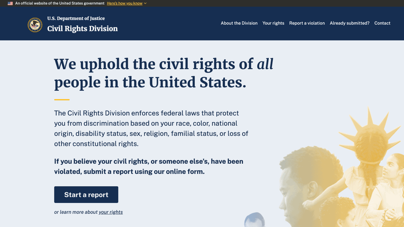 The new Civil Rights Division landing page of civilright.justice.gov.