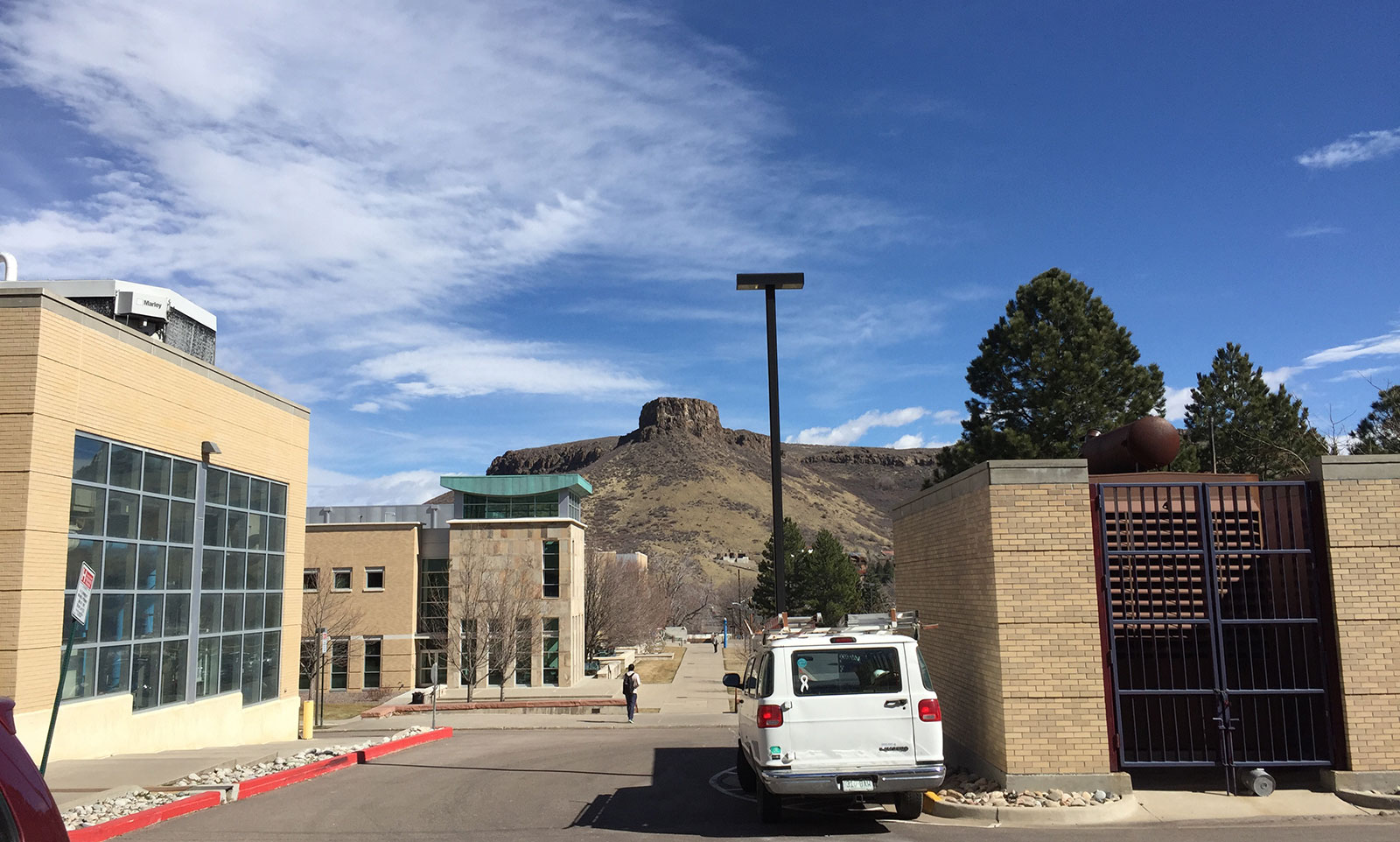 A mountain and some buildings as seen from National Earthquake Information Center’s office on the Colorado School of Mines campus in Golden, CO.