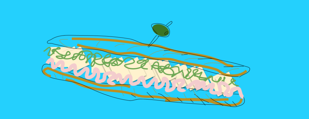 A sketch of a hoagie sandwich. A line drawing sketch of a long sandwich with cheese and topped with an olive on a toothpick.