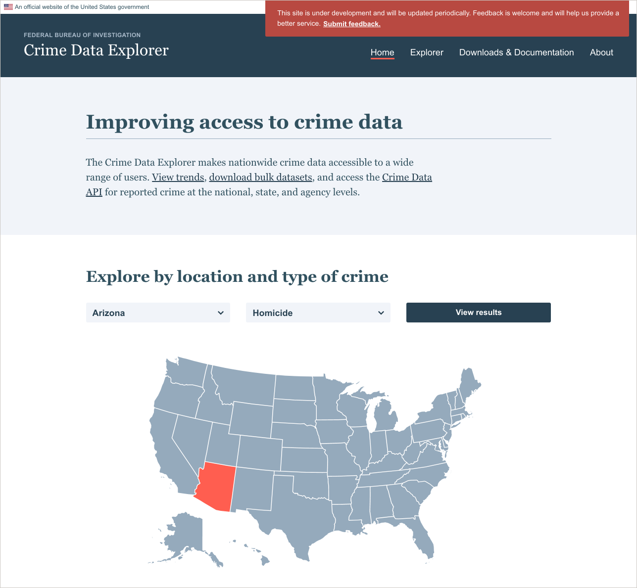 The home page of Crime Data Explorer