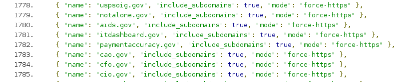 Snapshot of the first HSTS preloaded government domains.