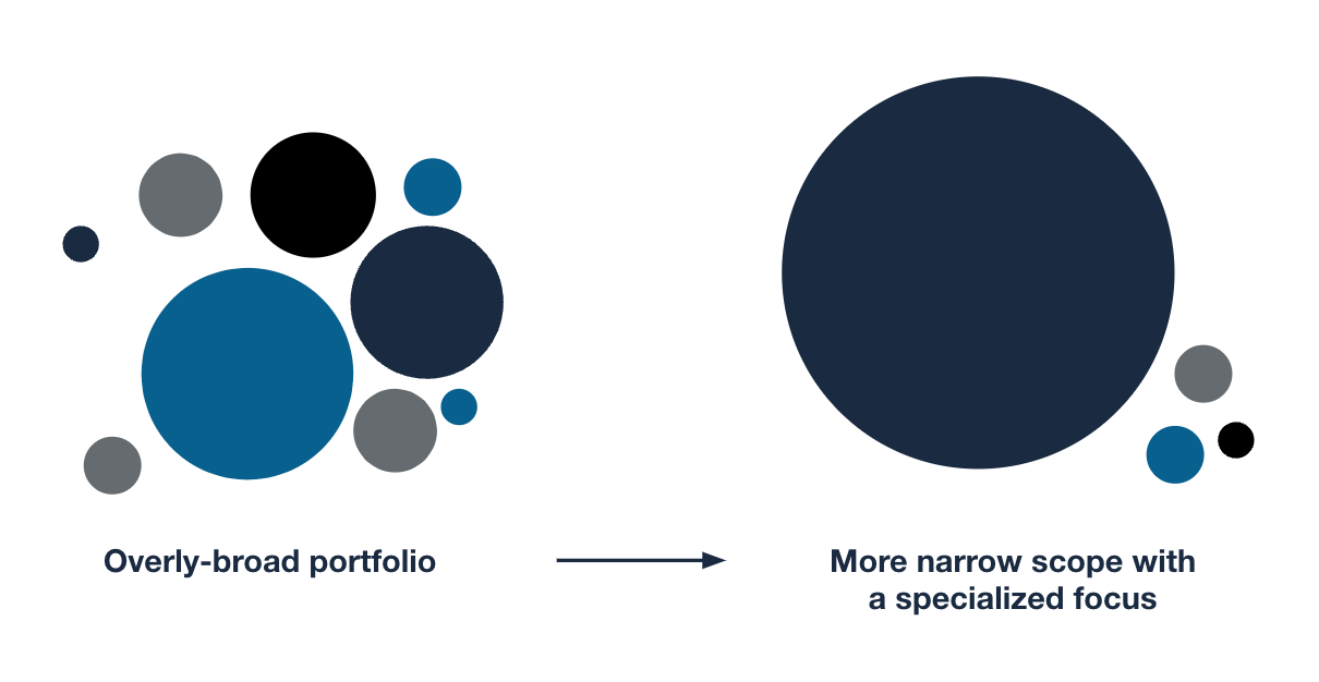 A rectangular graphic in landscape orientation with a white background. On the left is a cluster of nine small and medium-sized circles in shades of blue, gray, and black. The cluster is above a line of text that says, Overly-broad portfolio. On the right is a cluster with a large dark blue circle and three smaller ones to its right; medium blue, black, and gray. The text below them reads, More narrow scope with a specialized focus. Between the two lines of text, a thin, dark arrow points to the right, indicating that one should aim for a more narrow, focused scope for better success.