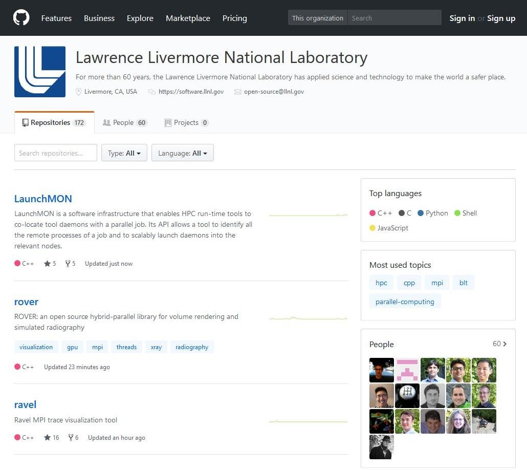 LLNL’s main page on GitHub, accessible at github.com/llnl, showing a
  list of repositories created by LLNL developers.
