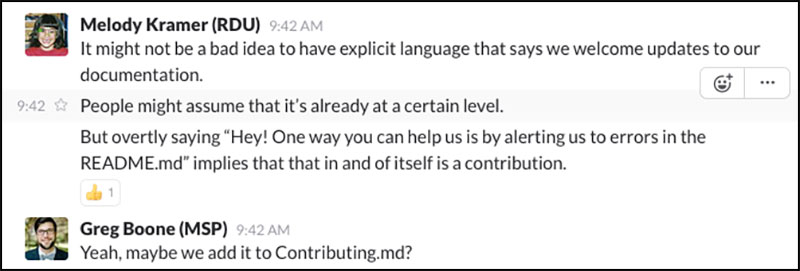 Screen shot of a Slack conversation about adding language to encourage contributions to documentation.