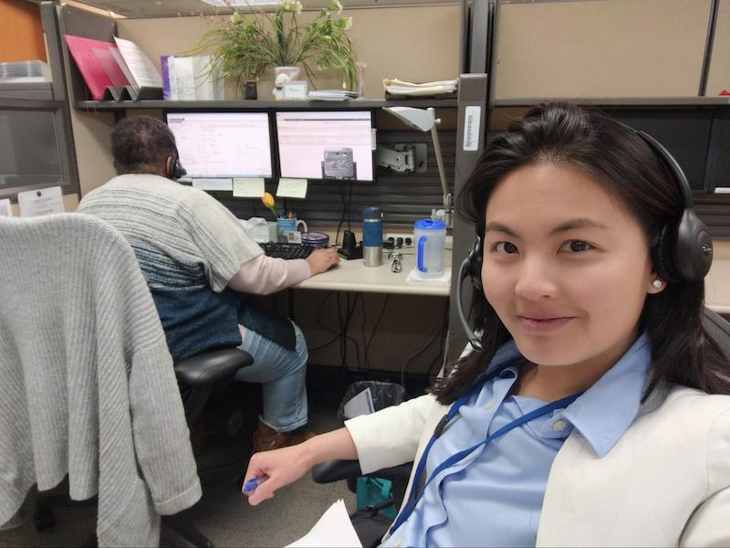 Profile picture of Clarice Chan seating n a chair at the VA customer call center.