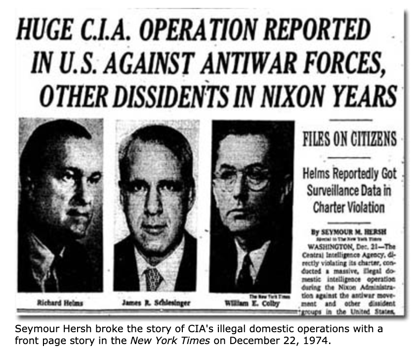 Newspaper clip with the headline: "Huge C.I.A. operation reported in U.S. against antiwar forces, other dissidents in Nixon Years"