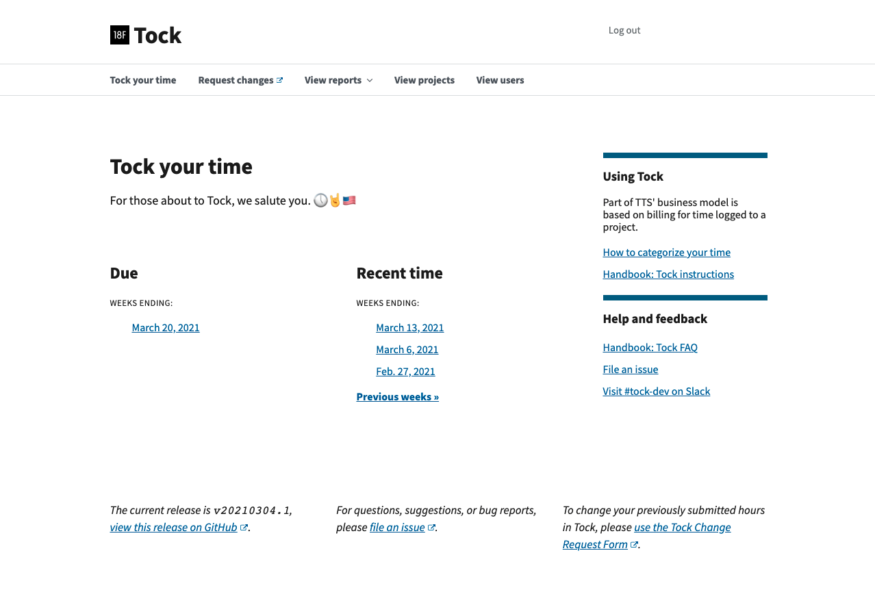 Screenshot of the Tock time-tracking application
