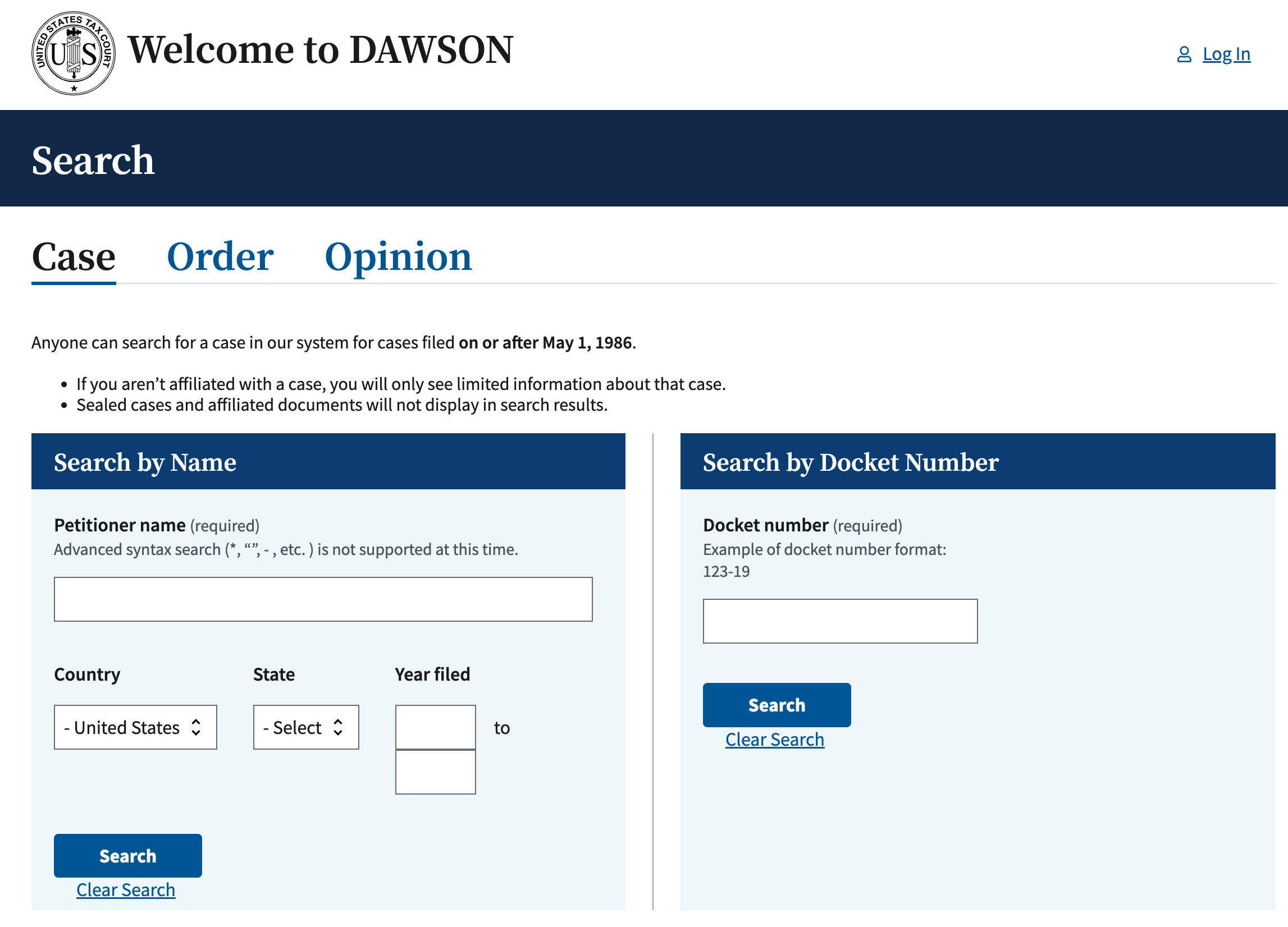 The U.S. Tax Court DAWSON electronic case file system's homepage