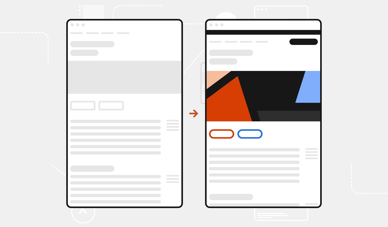 Side by side illustrations show before-and-after examples of a web page. One has the original page and the other shows that page with just a few design system components added