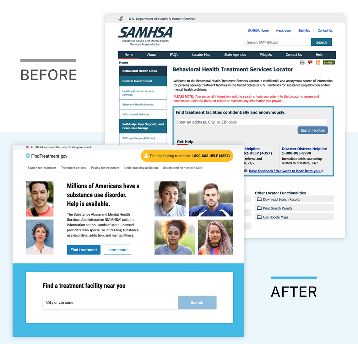Before and after screenshots of the SAMHSA treatment finder homepage. The first image shows the original, text-heavy site, and the second image shows the new site with a simpler navigation and clear call to action.