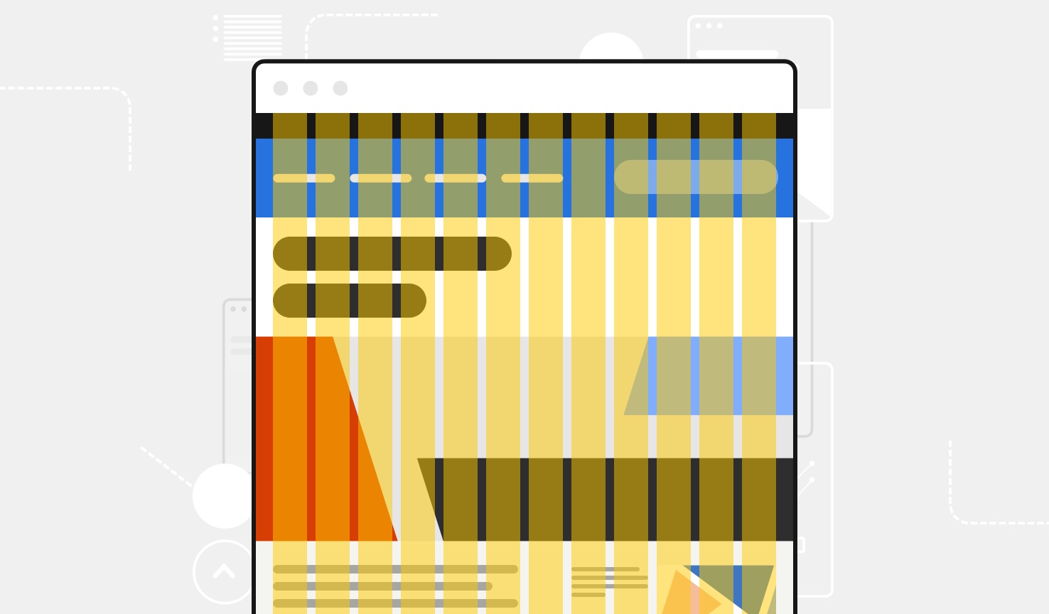 An illustration shows a yellow 12-column grid system overlaid
  on a colorful website