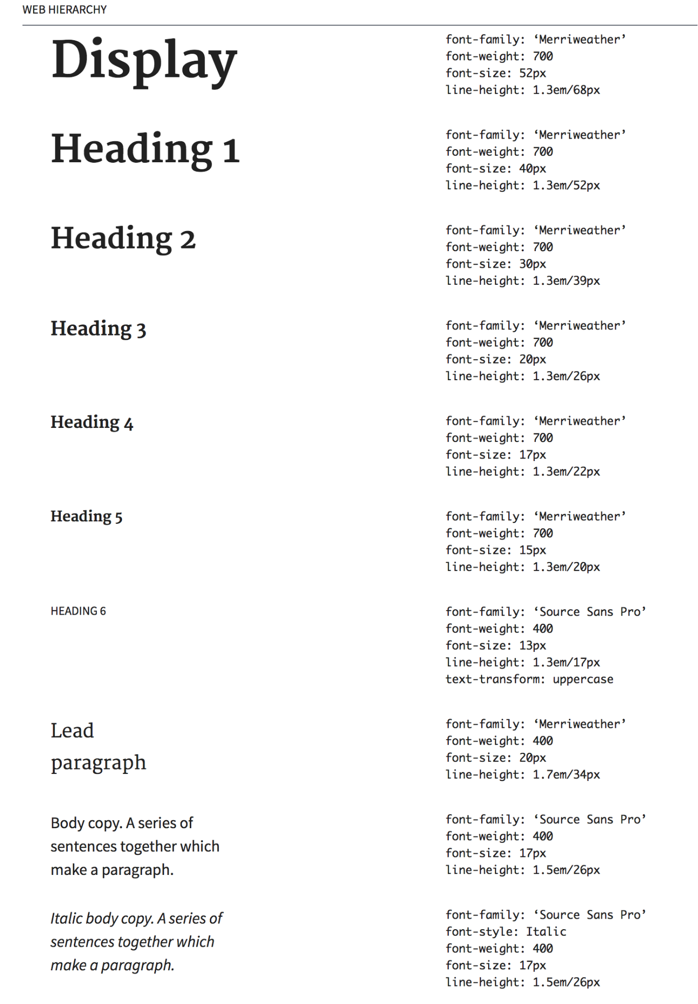 A list of font examples. Merriweather headings and Source Sans Pro body font pairing