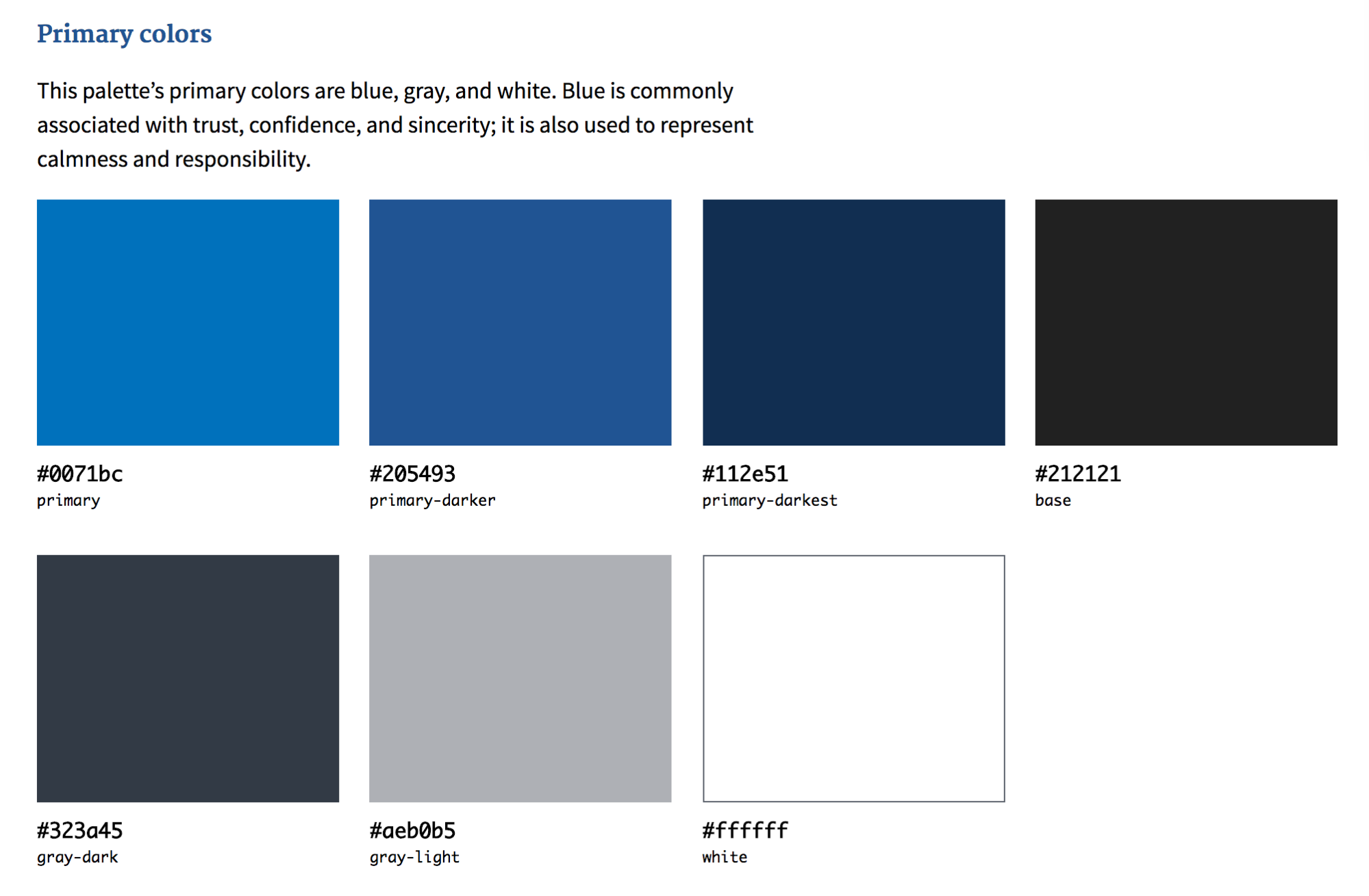 Primary colors of blue, gray and white from the color palette